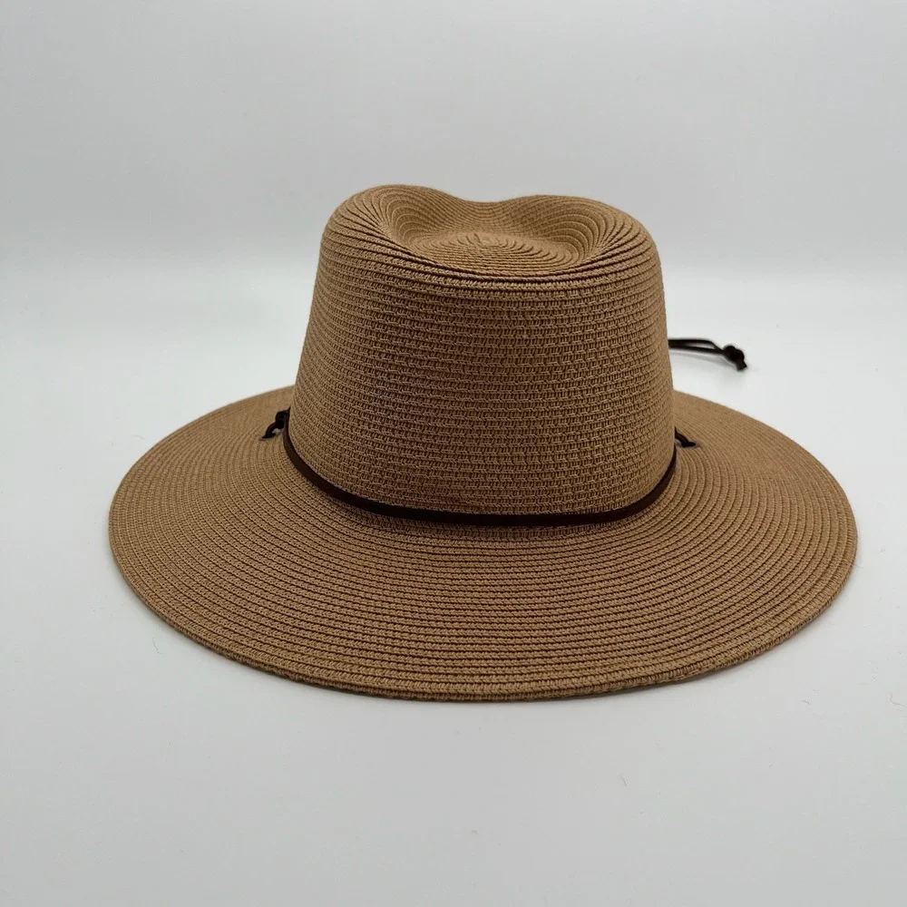 Summer Straw Sun Hat Womens Wide Brim Panama Fedora Beach Wind Lanyard UPF50+ - Picture 5 of 12